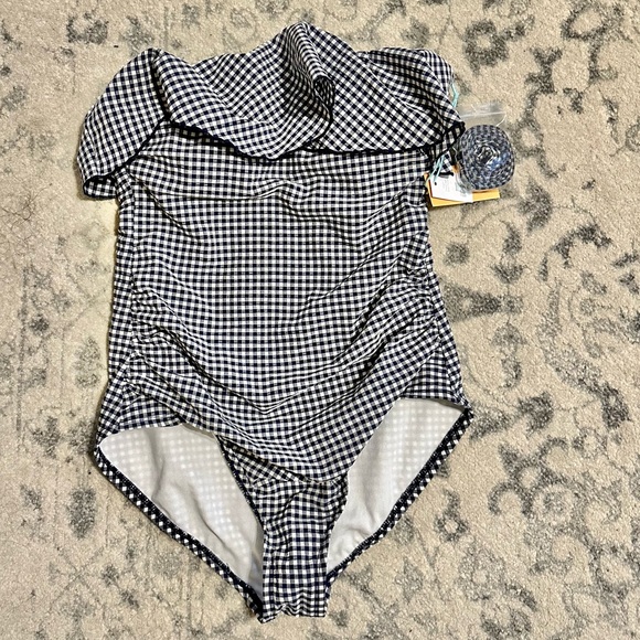 NWT Kona Sol Navy White Bandeau Flounce Ruched High Coverage One Piece swimsuit - Picture 2 of 6